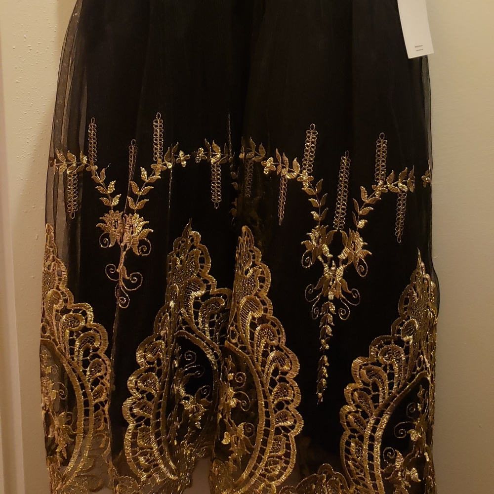 Black and gold embroidered tulle party dress